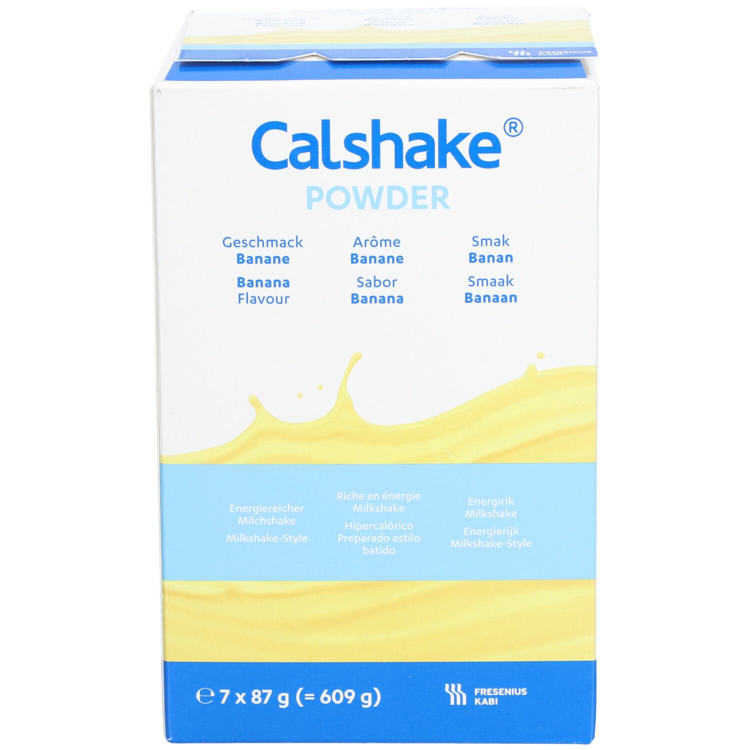 Doos Calshake Powder, bananensmaak. Bevat 7 zakjes van 87g. Opschriften: Smaak banaan, Aroma banaan, Sabor banana, Smaak banaan, Banana flavour.