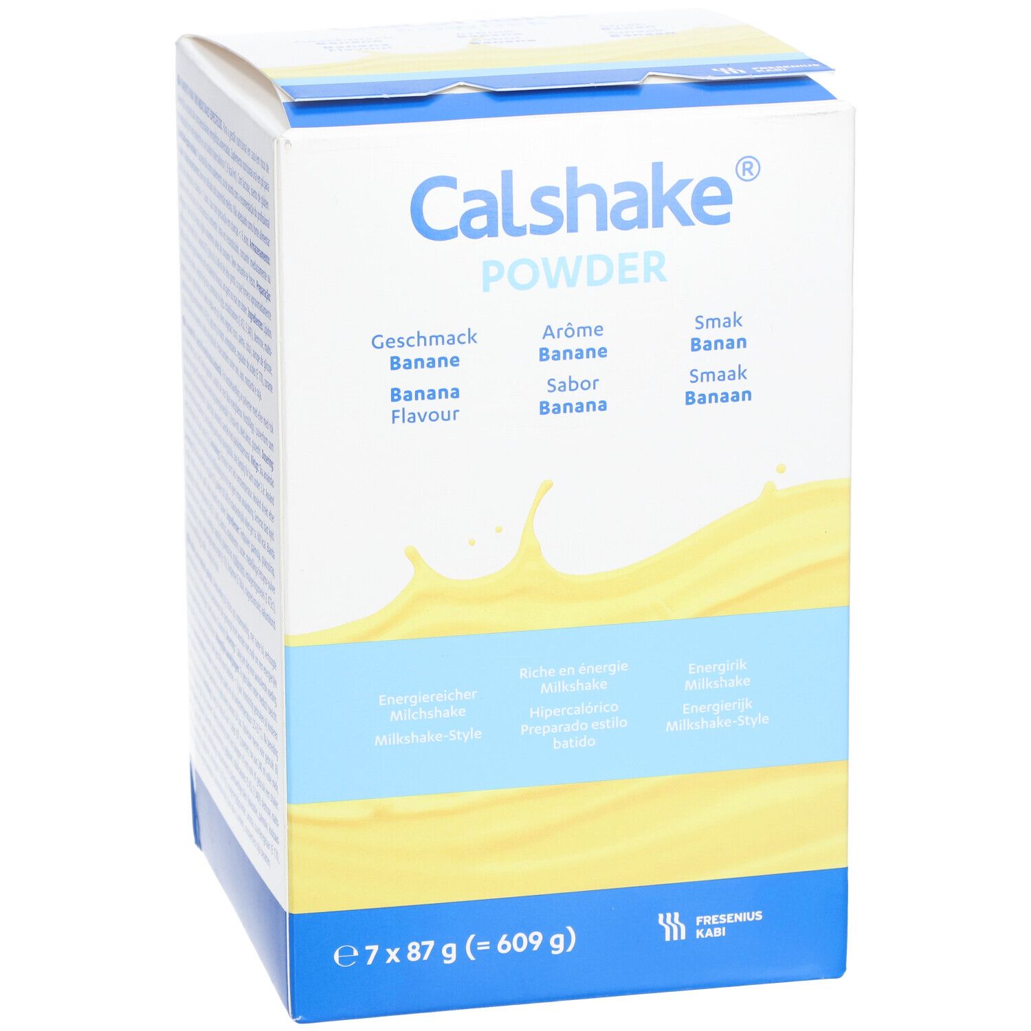 Doos Calshake Powder, bananensmaak. Bevat 7 zakjes van 87g. Opschriften: Smaak banaan, Aroma banaan, Sabor banana, Smaak banaan, Banana flavour.