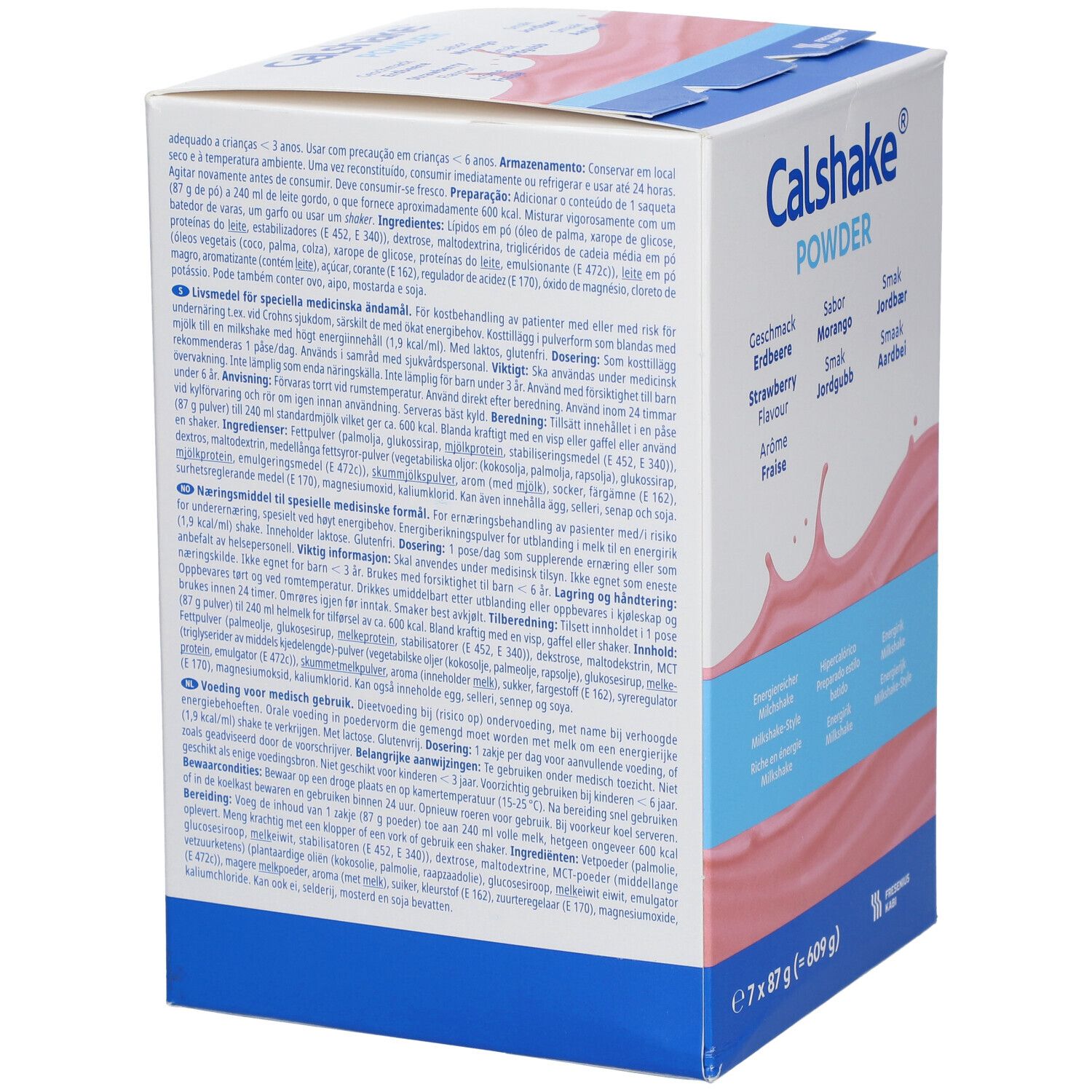 Achterkant van de Calshake Powder verpakking. Meertalige tekst. Bevat informatie over ingrediënten en gebruik.