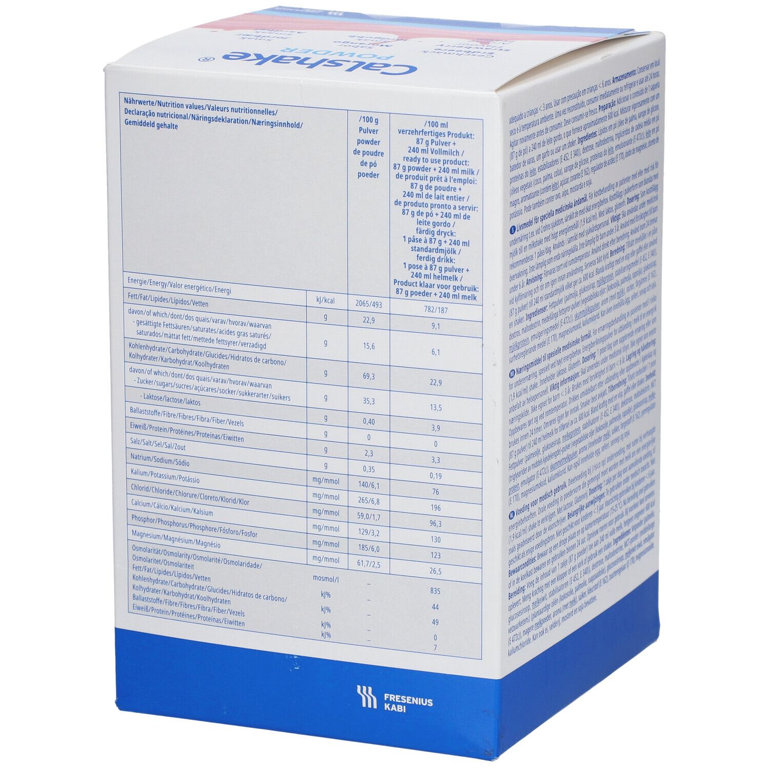 Zijkant van de Calshake Powder verpakking. Voedingstabel met informatie over energie, vet, koolhydraten, eiwitten en mineralen.