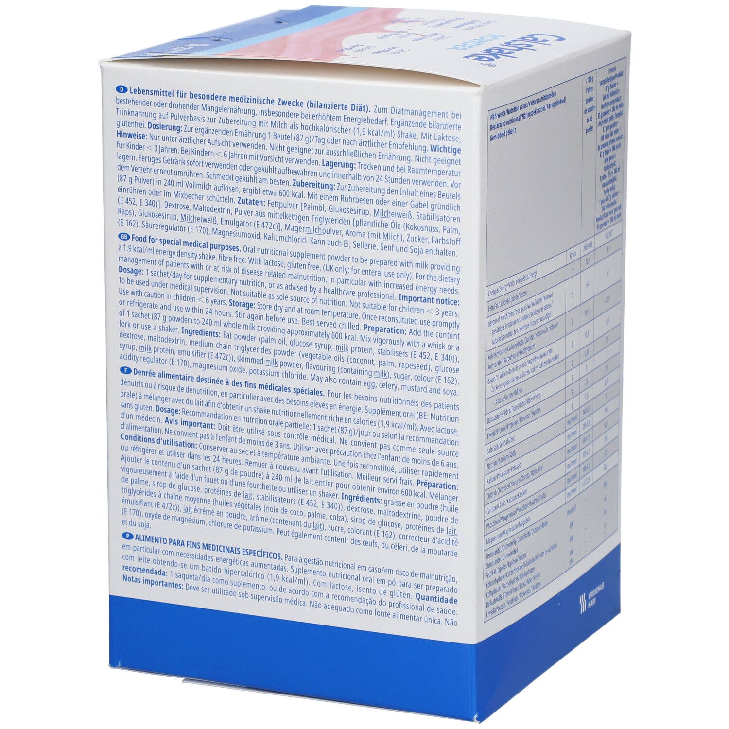 Zijkant van de Calshake Powder verpakking. Meertalige tekst. Bevat informatie over medisch gebruik.