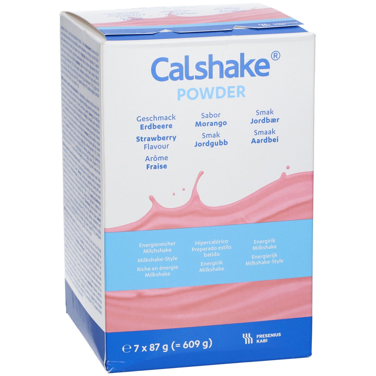 Voorkant van de Calshake Powder verpakking. Aardbei smaak. Roze vloeistof spetter. 7 zakjes van 87g.