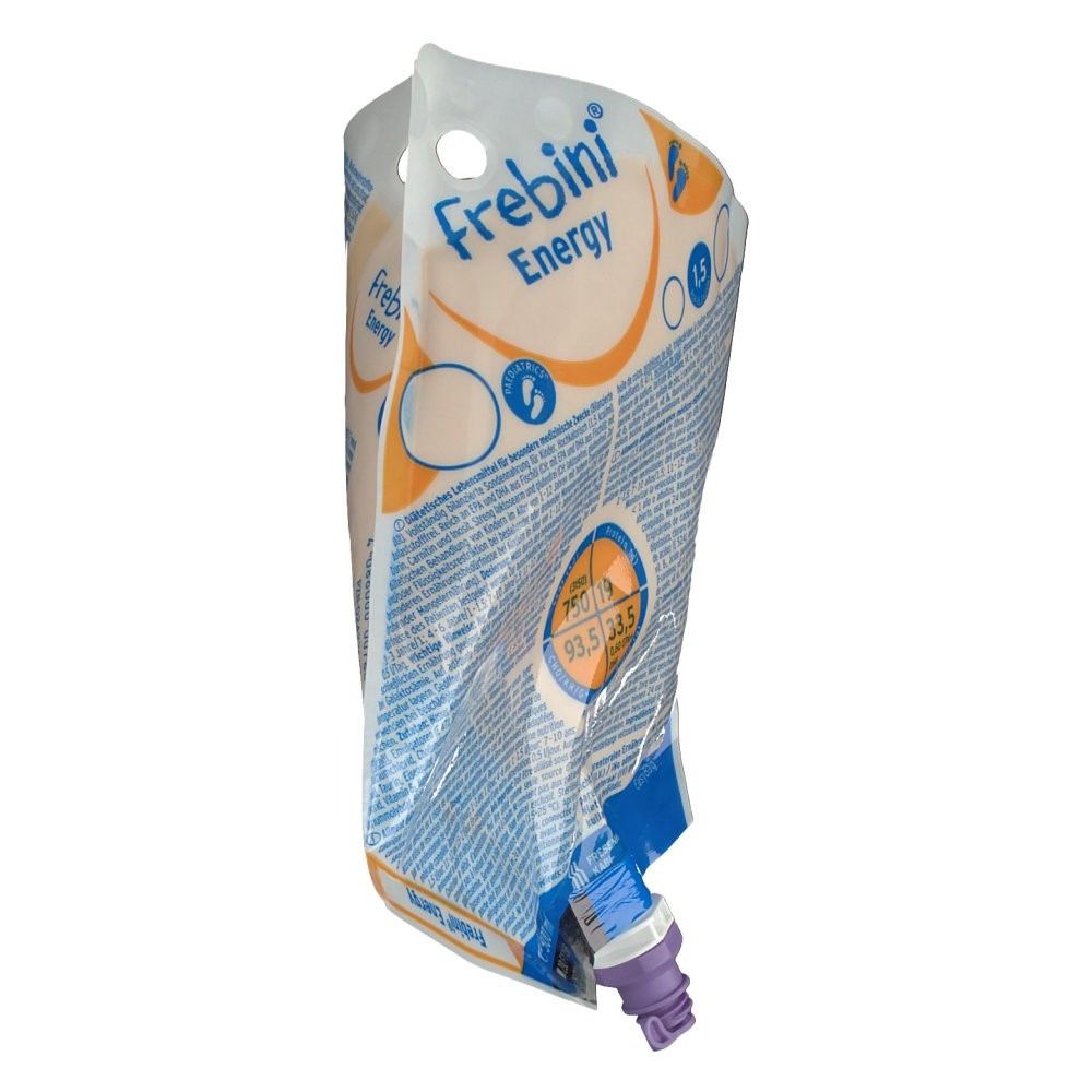 Poche Frebini Energy, partiellement vide. Nom du produit et informations nutritionnelles visibles. Fermeture violette.