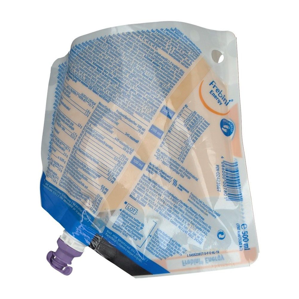 Poche Frebini Energy avec informations nutritionnelles. Fermeture violette. Volume : 500 ml. Nom du produit et autres informations imprimées.