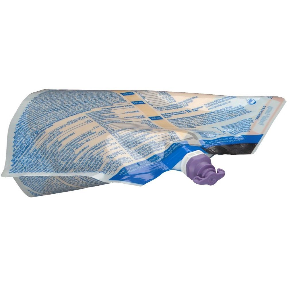 Poche Frebini Energy, couchée. Fermeture violette. Inscriptions avec informations sur le produit et valeurs nutritionnelles.