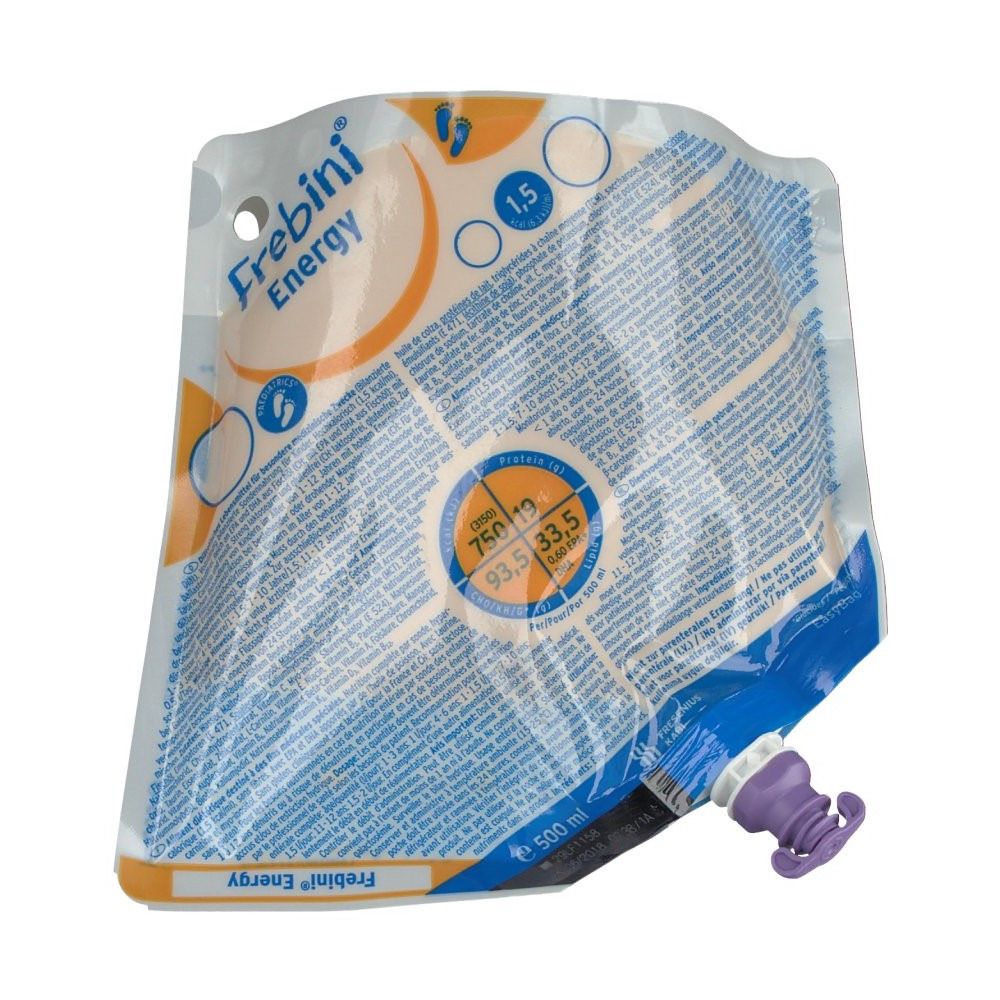 Poche Frebini Energy avec nom du produit et informations nutritionnelles. Fermeture violette. Volume : 500 ml.