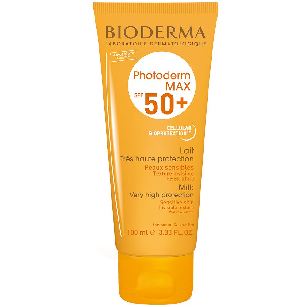 Tube de crème solaire jaune. Inscription : BIODERMA, Photoderm MAX SPF 50+. Texte en anglais et français.