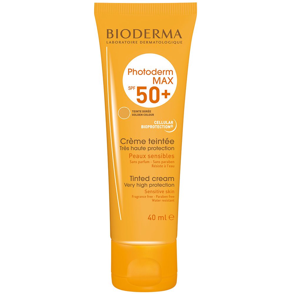 Tube BIODERMA Photoderm MAX SPF 50+ crème teintée. Inscription et logo. 40 ml.
