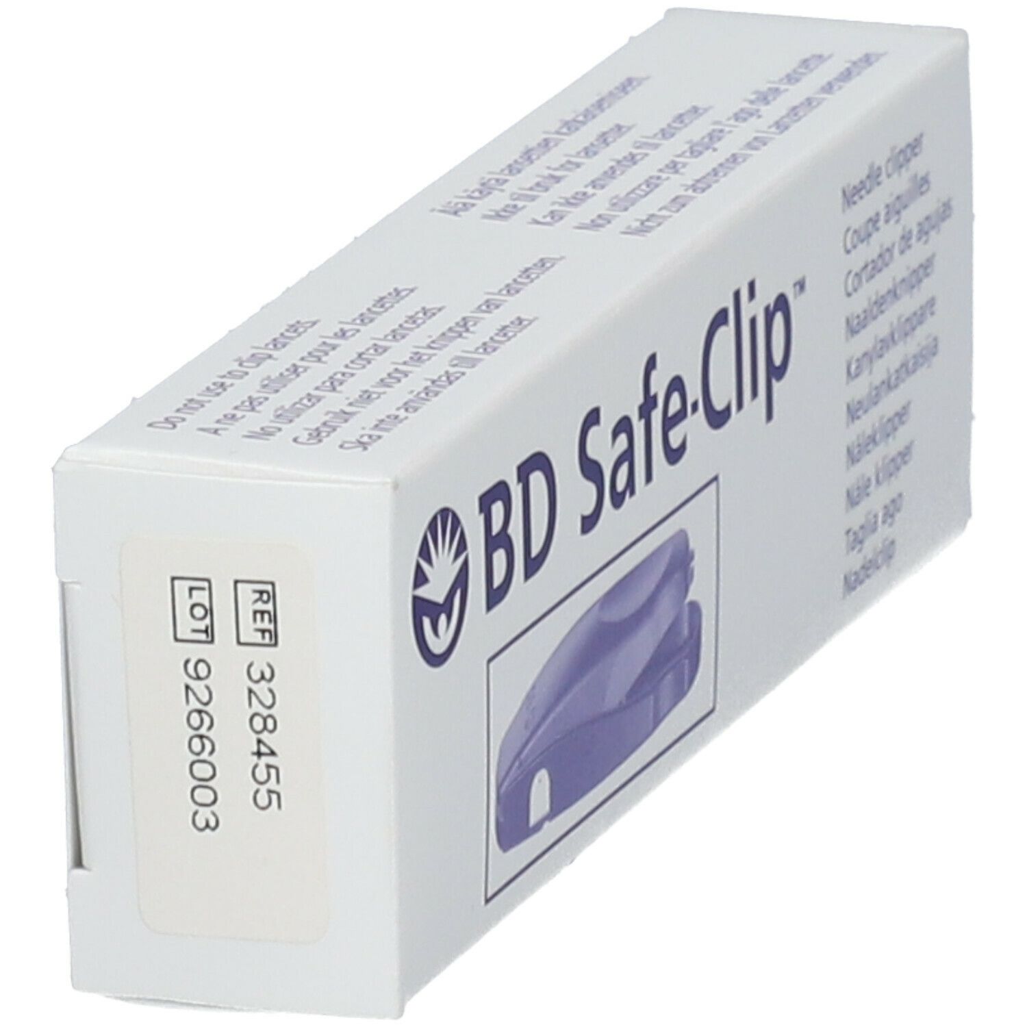 Schuin geplaatste verpakking van BD Safe-Clip. Opdruk: productafbeelding, productnaam, lot- en referentienummer.