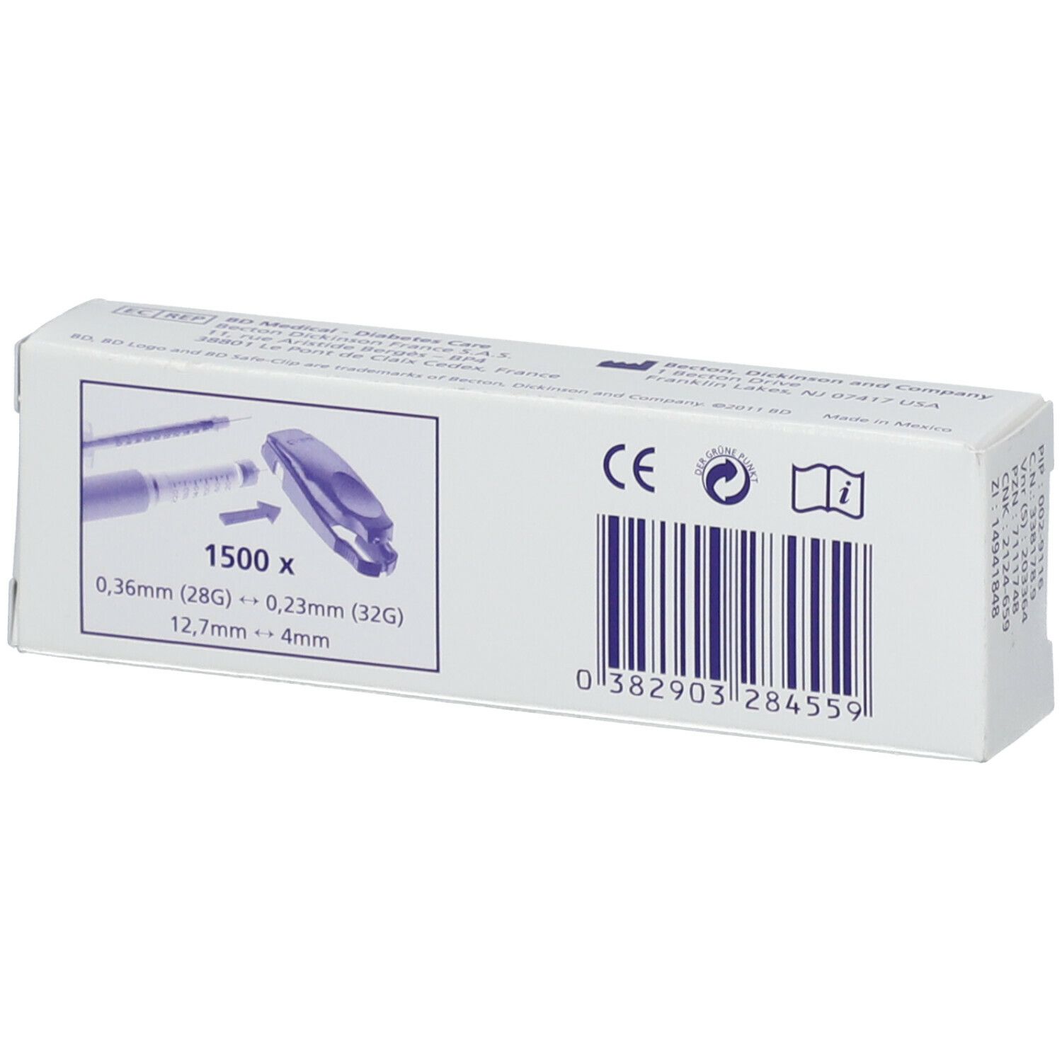 Achterkant van de verpakking van BD Safe-Clip. Opdruk: productafbeelding, CE-markering, barcode, technische gegevens.