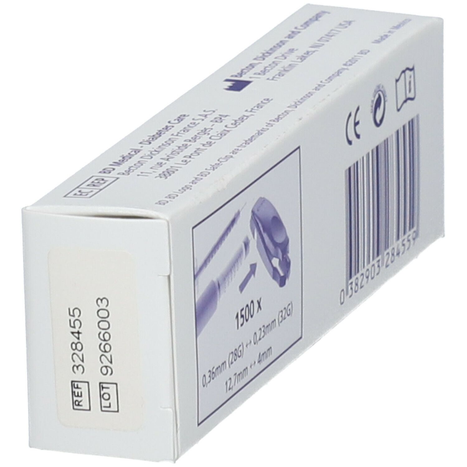 Schuin geplaatste verpakking van BD Safe-Clip. Opdruk: productafbeelding, CE-markering, barcode, lot- en referentienummer.
