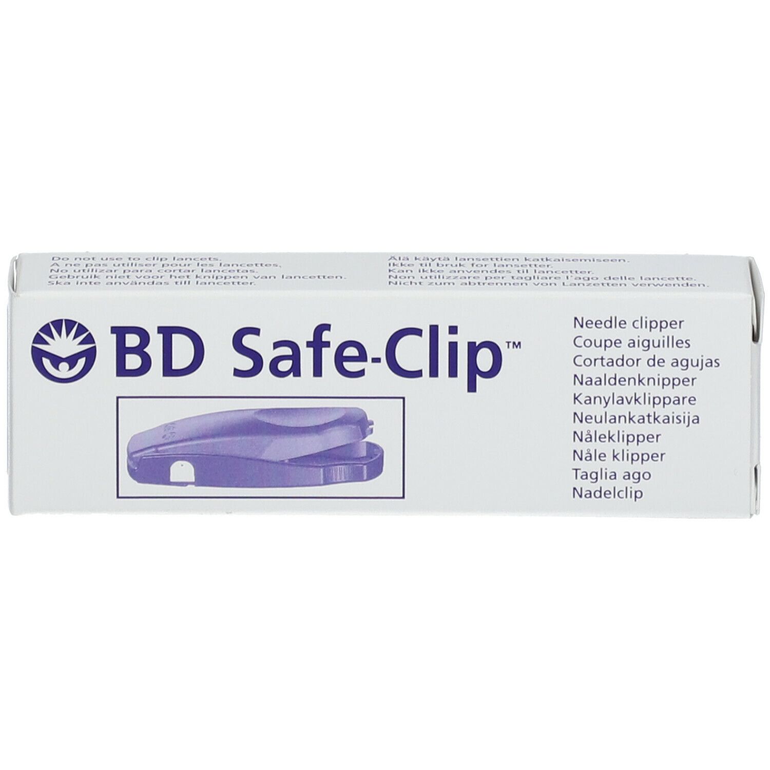 Verpakking van BD Safe-Clip. Opdruk: productafbeelding, productnaam, meertalige productaanduidingen.