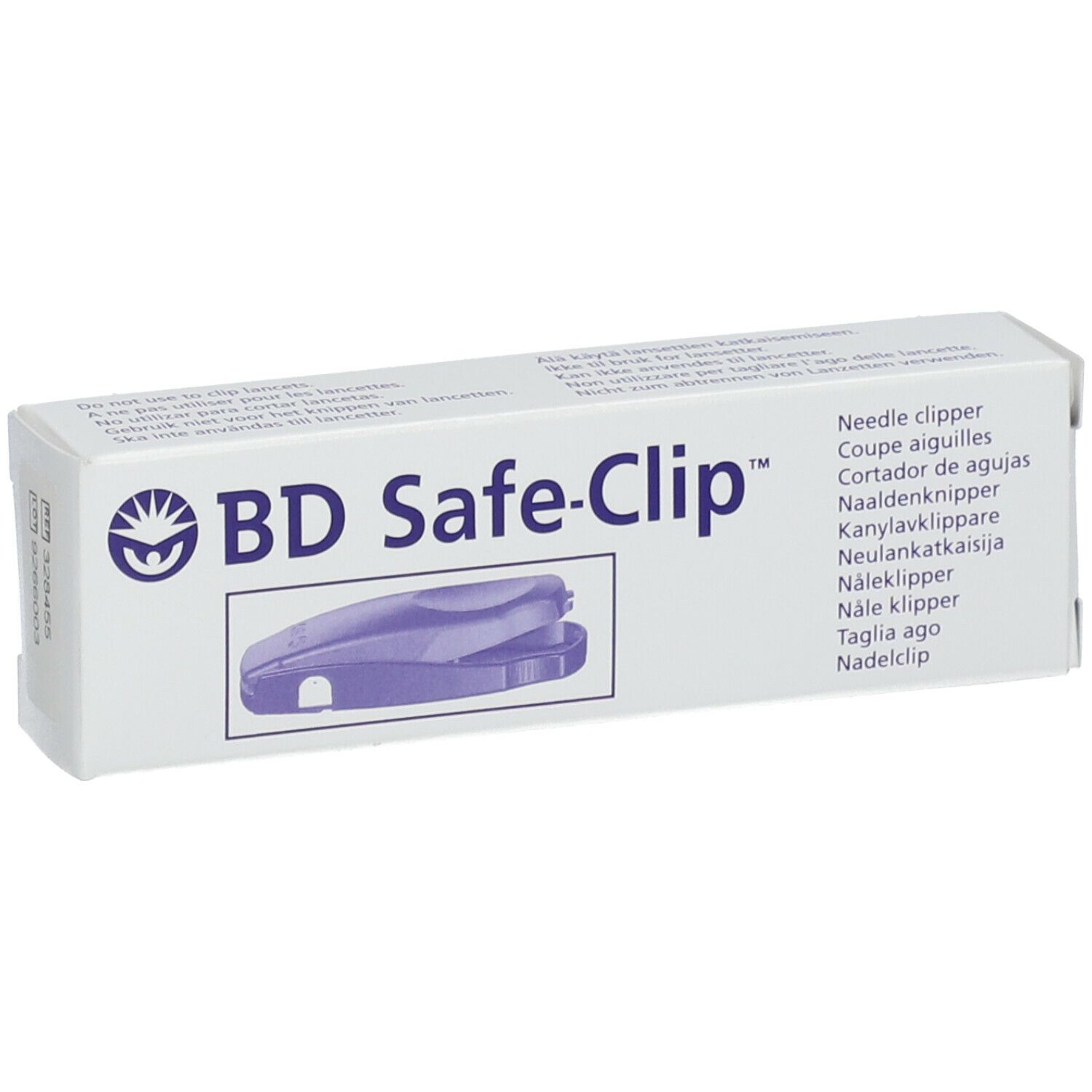 Verpakking van BD Safe-Clip. Opdruk: productafbeelding, productnaam, meertalige productaanduidingen.