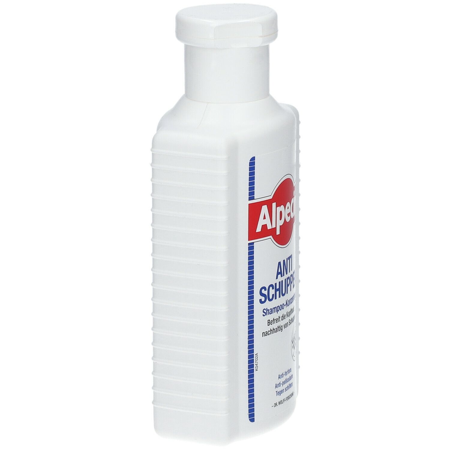 Weiße Flasche, rechteckig mit abgerundeten Ecken. Rotes Etikett mit Alpecin-Logo und Schriftzug.