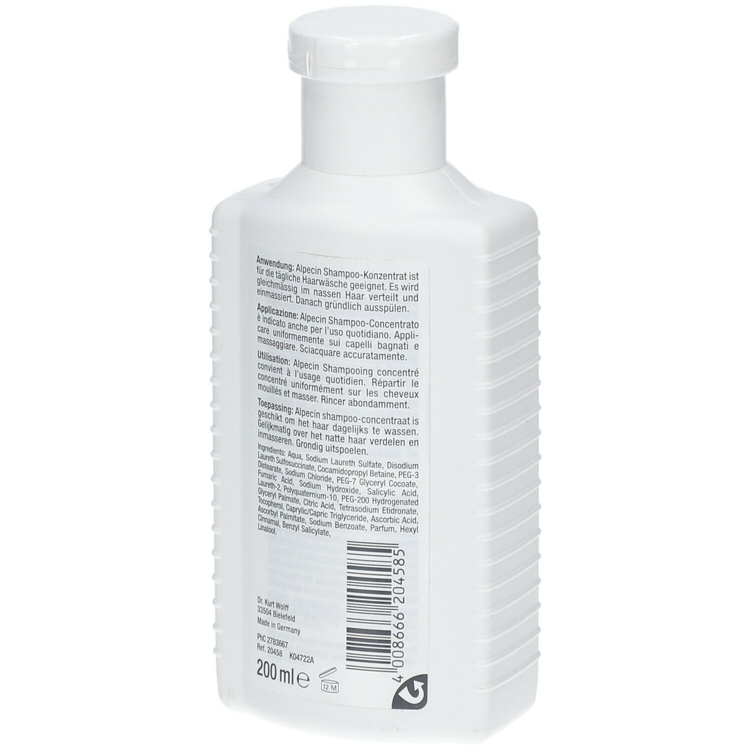 Rückseite einer weißen Flasche. Text in mehreren Sprachen. Barcode und Volumenangabe: 200 ml.