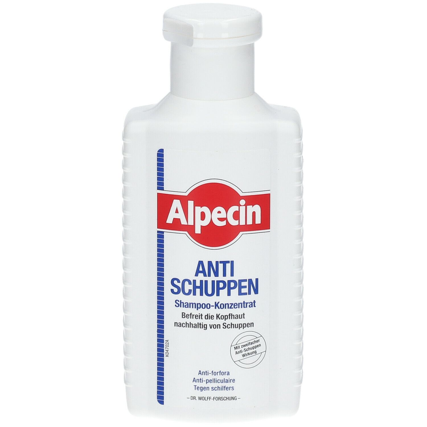Weiße Flasche mit rotem Etikett. Aufschrift: Alpecin Anti-Schuppen Shampoo-Konzentrat.