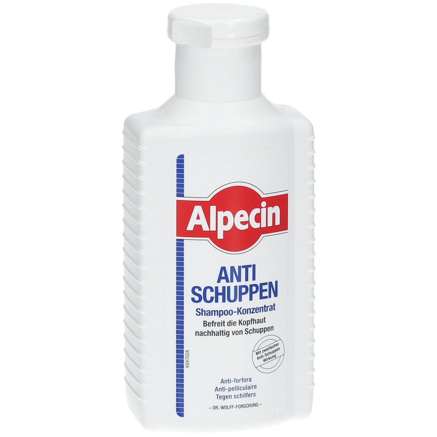 Weiße Flasche mit rotem Etikett. Aufschrift: Alpecin Anti-Schuppen Shampoo-Konzentrat.