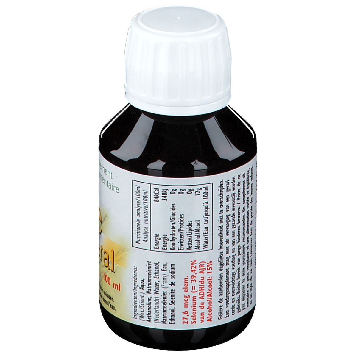 Flacon de liquide brun avec bouchon blanc. Inscription: Se Mineral, 100 ml. Informations nutritionnelles.