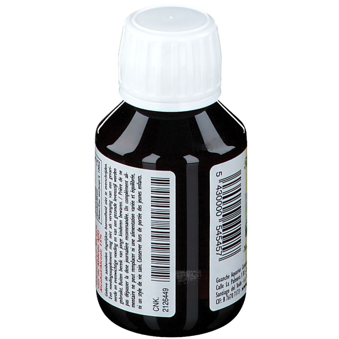 Flacon de liquide brun avec bouchon blanc. Inscription: Se Mineral, 100 ml. Code-barres et texte.
