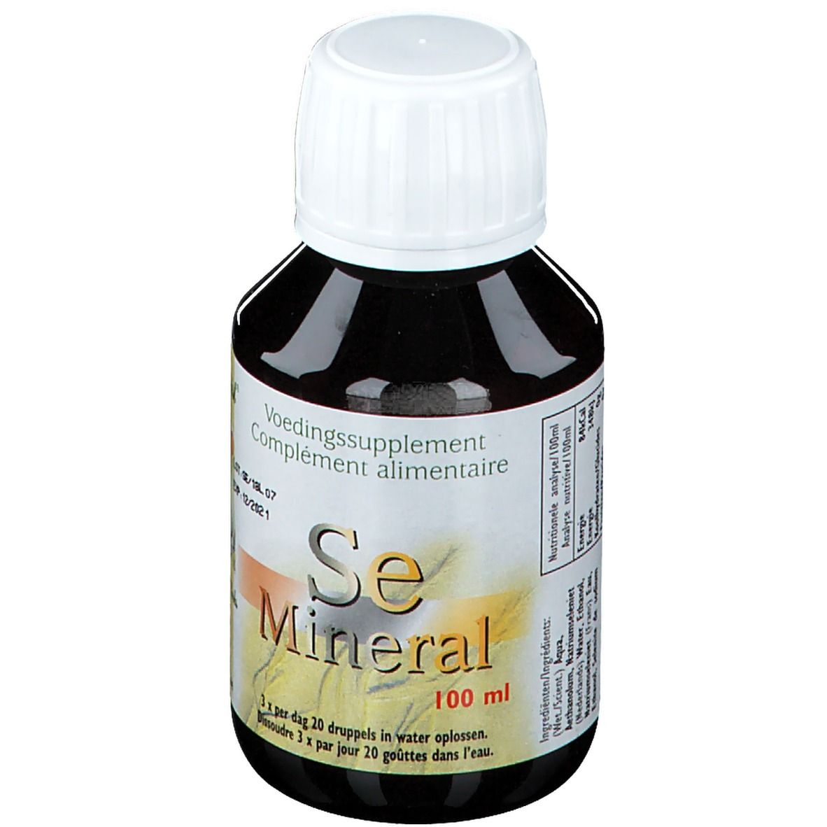 Flacon de liquide brun avec bouchon blanc. Inscription: Se Mineral, 100 ml. Complément alimentaire.