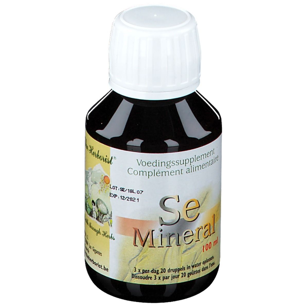 Flacon de liquide brun avec bouchon blanc. Inscription: Se Mineral, 100 ml. Logo: The Herborist.