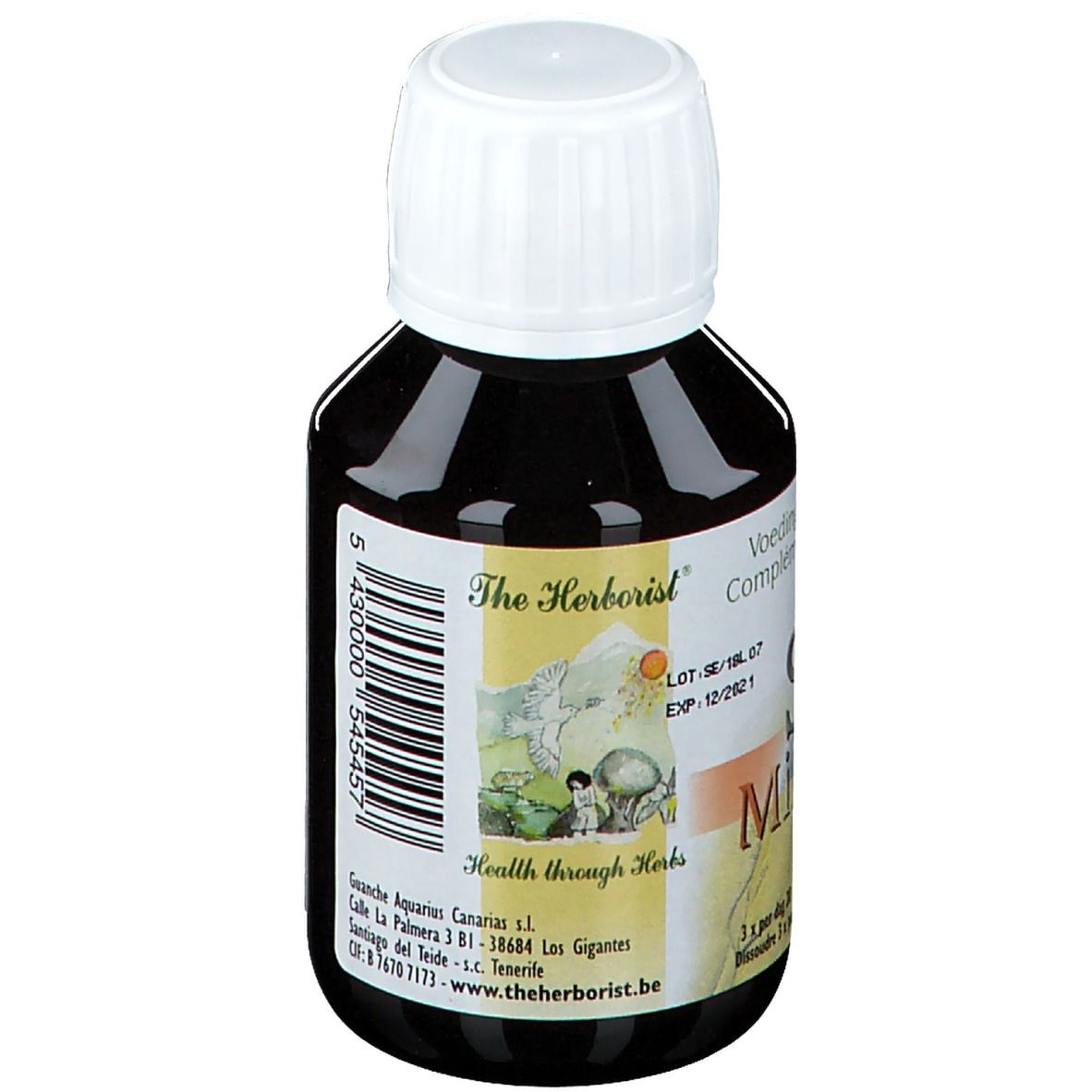 Flacon de liquide brun avec bouchon blanc. Inscription: Se Mineral, 100 ml. Logo: The Herborist. Texte.