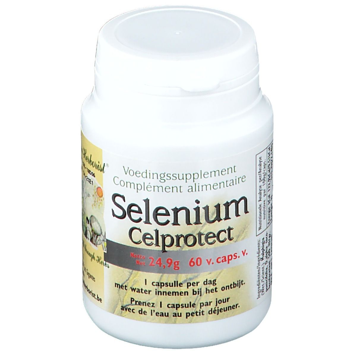Flacon blanc de gélules. Inscription: Selenium Celprotect, 60 gélules. Texte en néerlandais et français.