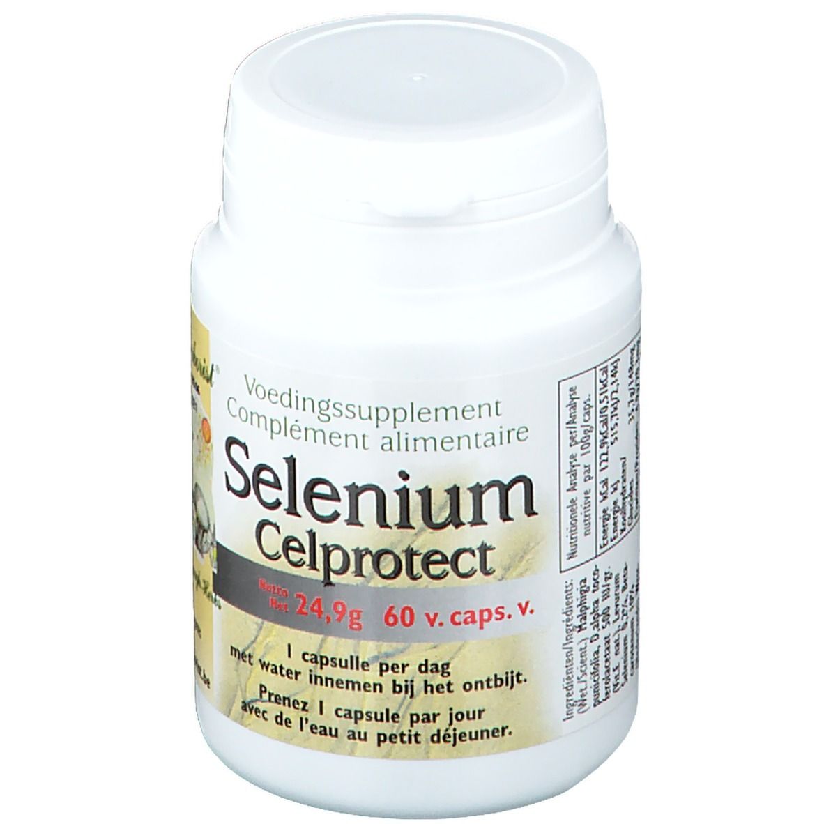 Flacon blanc de gélules. Inscription: Selenium Celprotect, 60 gélules. Texte en néerlandais et français.