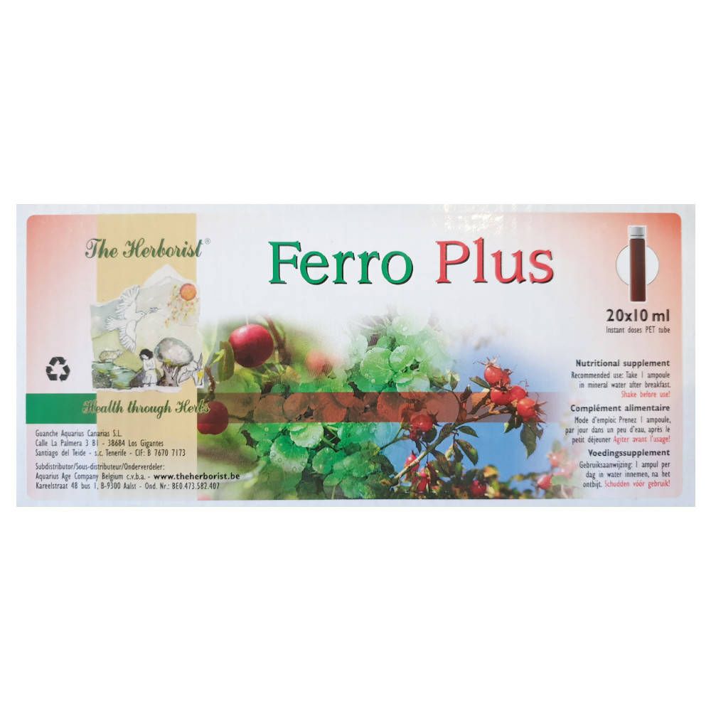 Boîte Herborist® Ferro Plus. Inscription 'Ferro Plus' et '20x10 ml'. Illustration de plantes et de fruits.