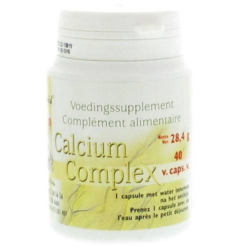Witte fles met opschrift "Calcium Complex". Bevat 40 capsules. Tekst in het Nederlands en Frans.