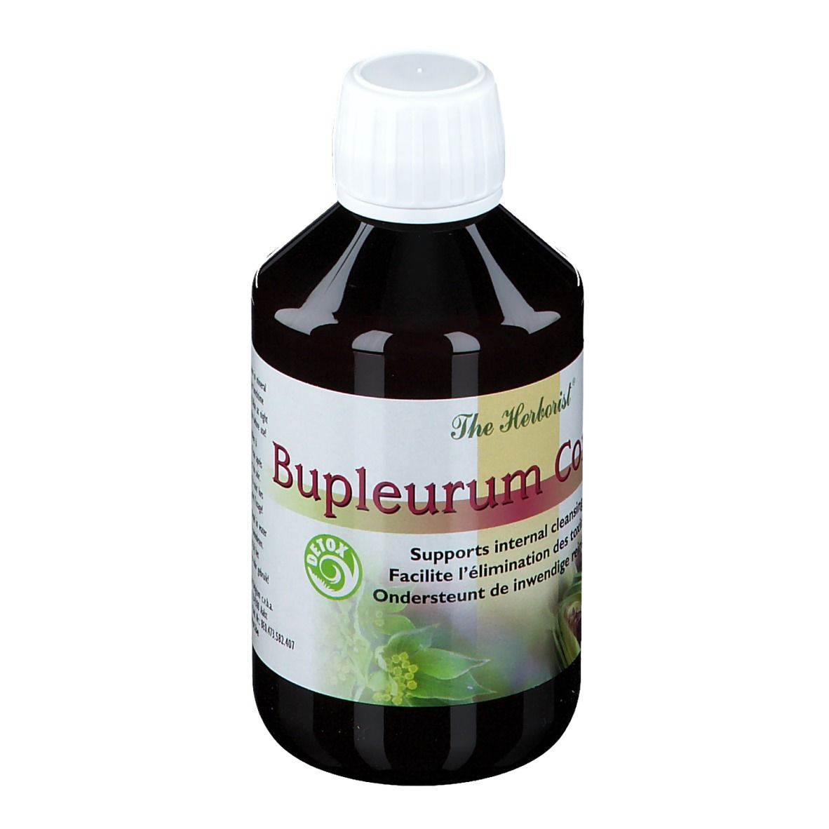 Liquide brun en bouteille à bouchon blanc. Inscription: Bupleurum Complex, Detox.