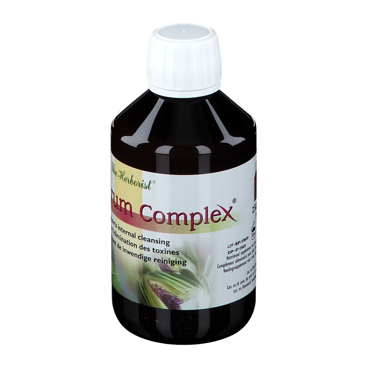 Liquide brun en bouteille à bouchon blanc. Inscription: Bupleurum Complex, Detox.