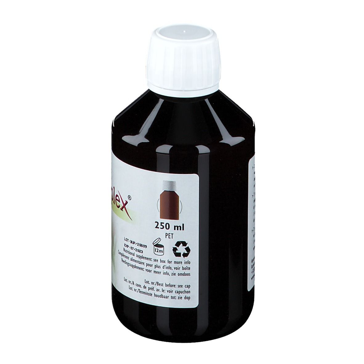 Dos d'une bouteille de liquide brun à bouchon blanc. Inscription: 250 ml, PET.