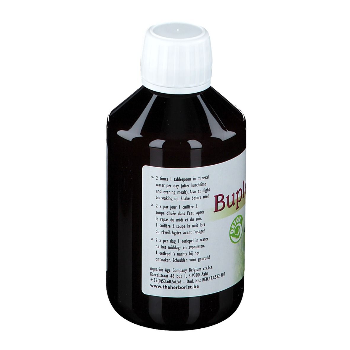 Liquide brun en bouteille à bouchon blanc. Inscription: Bupleurum, Detox.