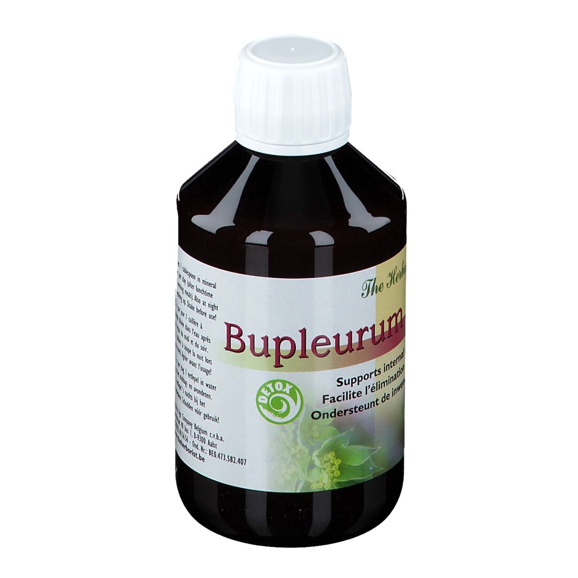 Liquide brun en bouteille à bouchon blanc. Inscription: Bupleurum Complex, Detox.