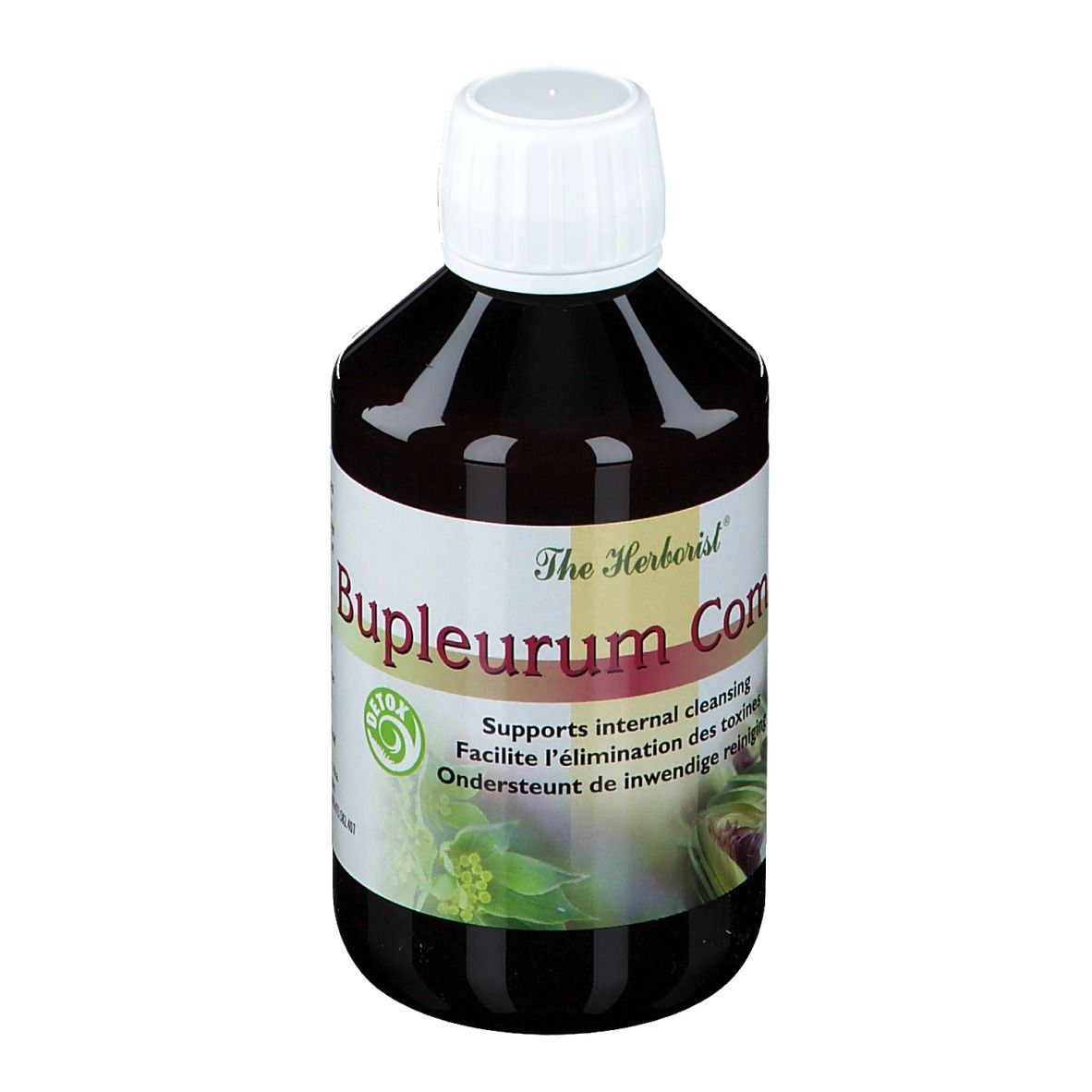 Liquide brun en bouteille à bouchon blanc. Inscription: Bupleurum Complex, Detox.