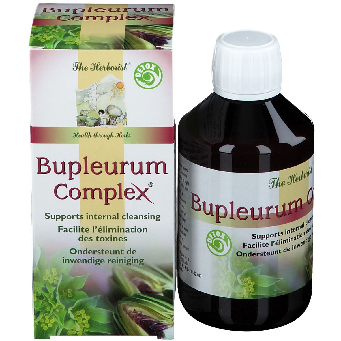 Bouteille et boîte avec inscription: Bupleurum Complex, Detox. Bouteille de liquide brun.