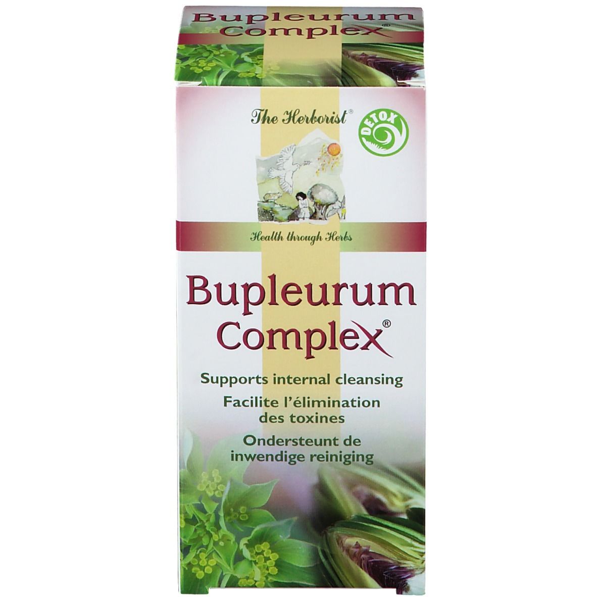 Boîte avec inscription: Bupleurum Complex, Detox. Illustration d'herbes.
