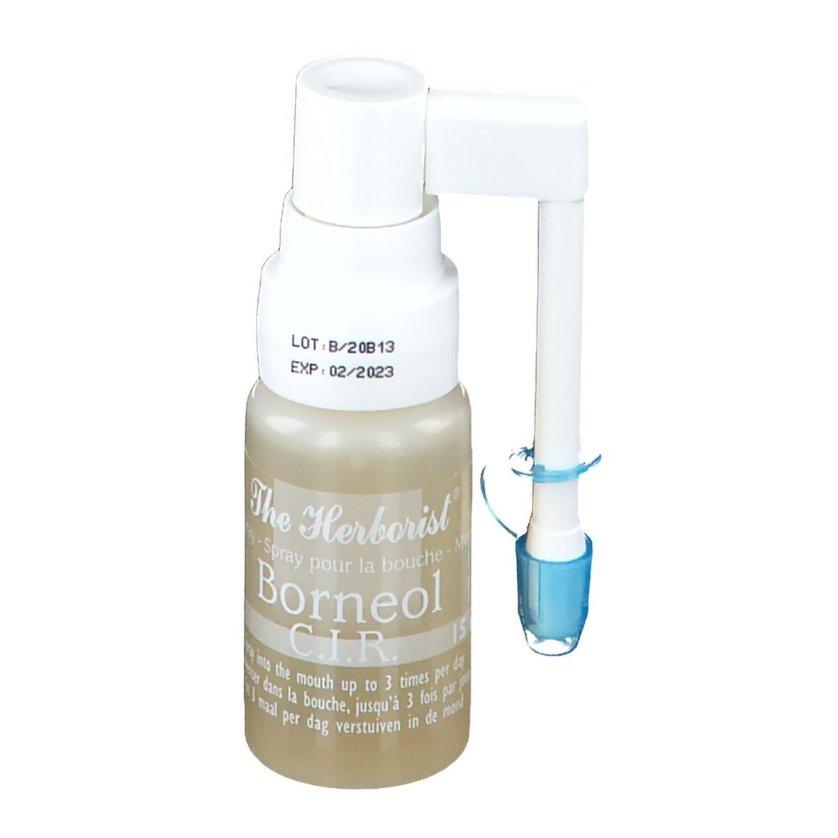 Flacon de spray buccal avec applicateur. Bouchon blanc, liquide transparent. Inscription : The Herborist Borneol C.I.R.