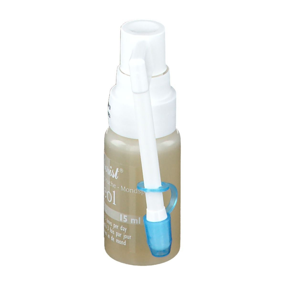 Flacon de spray buccal avec applicateur. Bouchon blanc, liquide transparent. Inscription : The Herborist Borneol C.I.R. 15 ml.