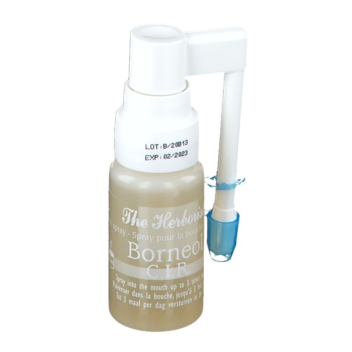 Flacon de spray buccal avec applicateur. Bouchon blanc, liquide transparent. Inscription : The Herborist Borneol C.I.R. 15 ml.