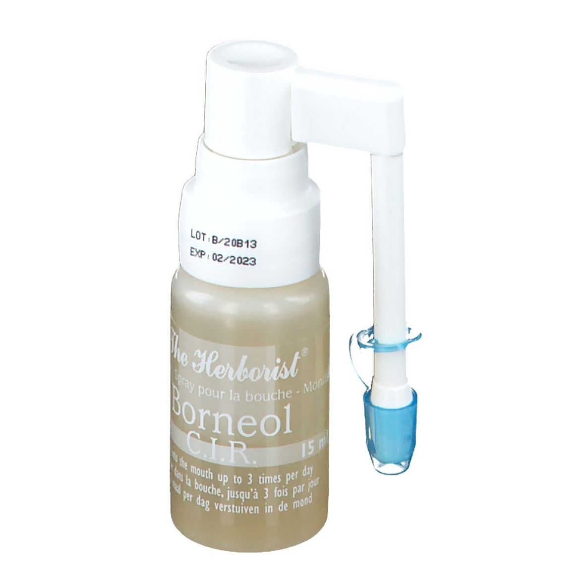 Flacon de spray buccal avec applicateur. Bouchon blanc, liquide transparent. Inscription : The Herborist Borneol C.I.R. 15 ml.