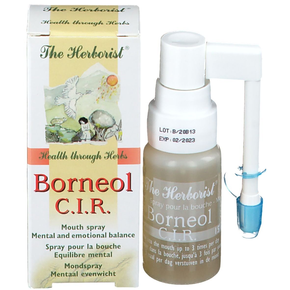 Produit et emballage. Flacon de spray buccal et boîte. Inscription : The Herborist Borneol C.I.R. Health through Herbs.