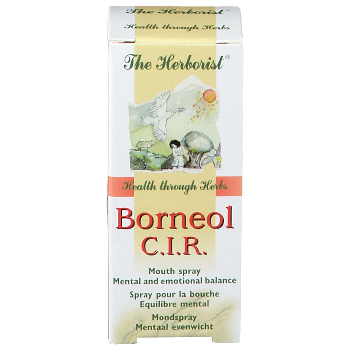 Emballage du produit. Boîte avec inscription : The Herborist Borneol C.I.R. Health through Herbs. Illustration.