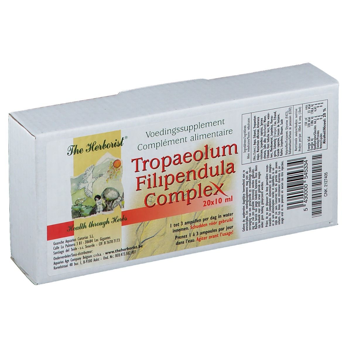Boîte blanche avec "Tropaeolum Filipendula Complex". Contient 20 ampoules. Marque: The Herborist.