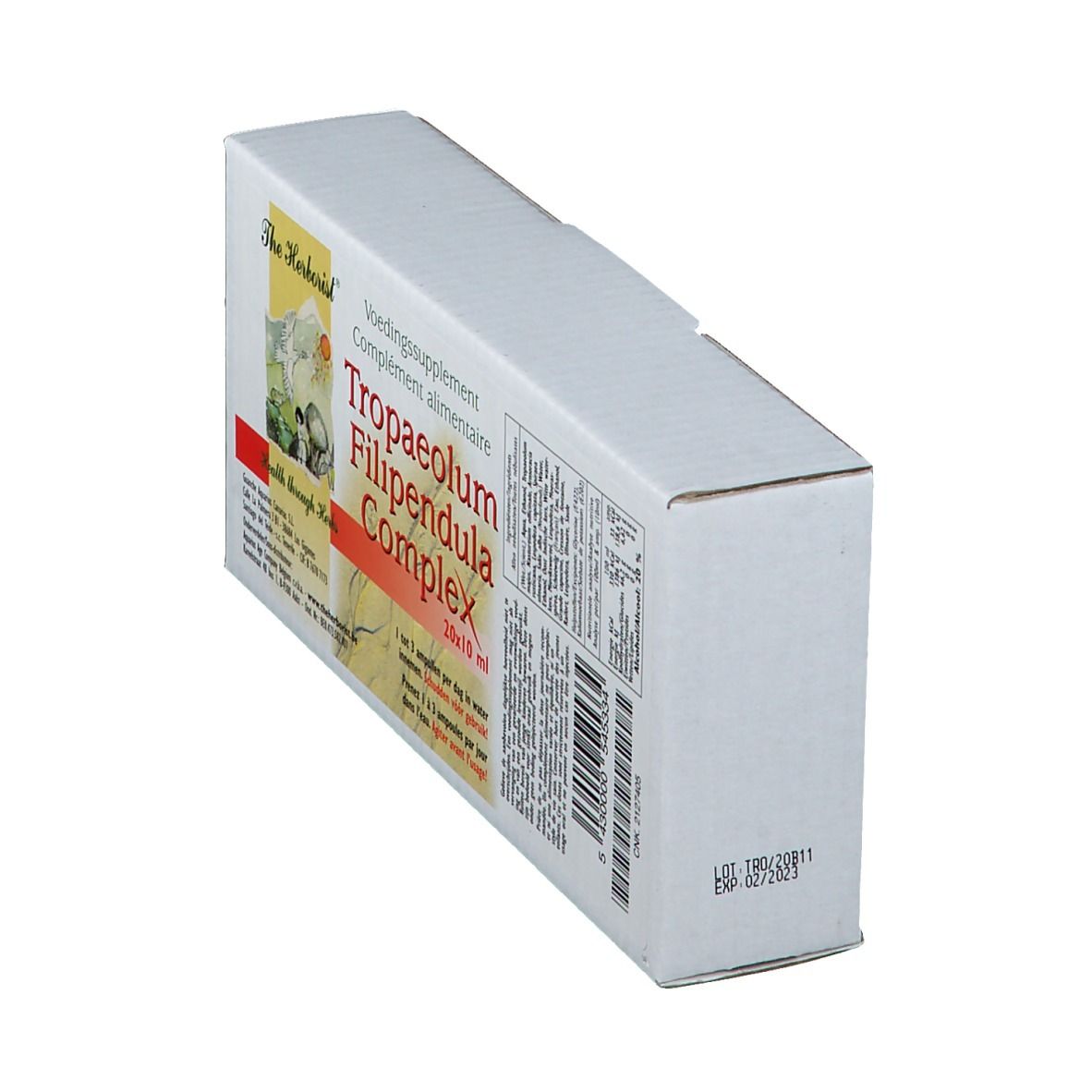 Boîte avec "Tropaeolum Filipendula Complex". Contient 20 ampoules. Marque: The Herborist. Vue latérale.
