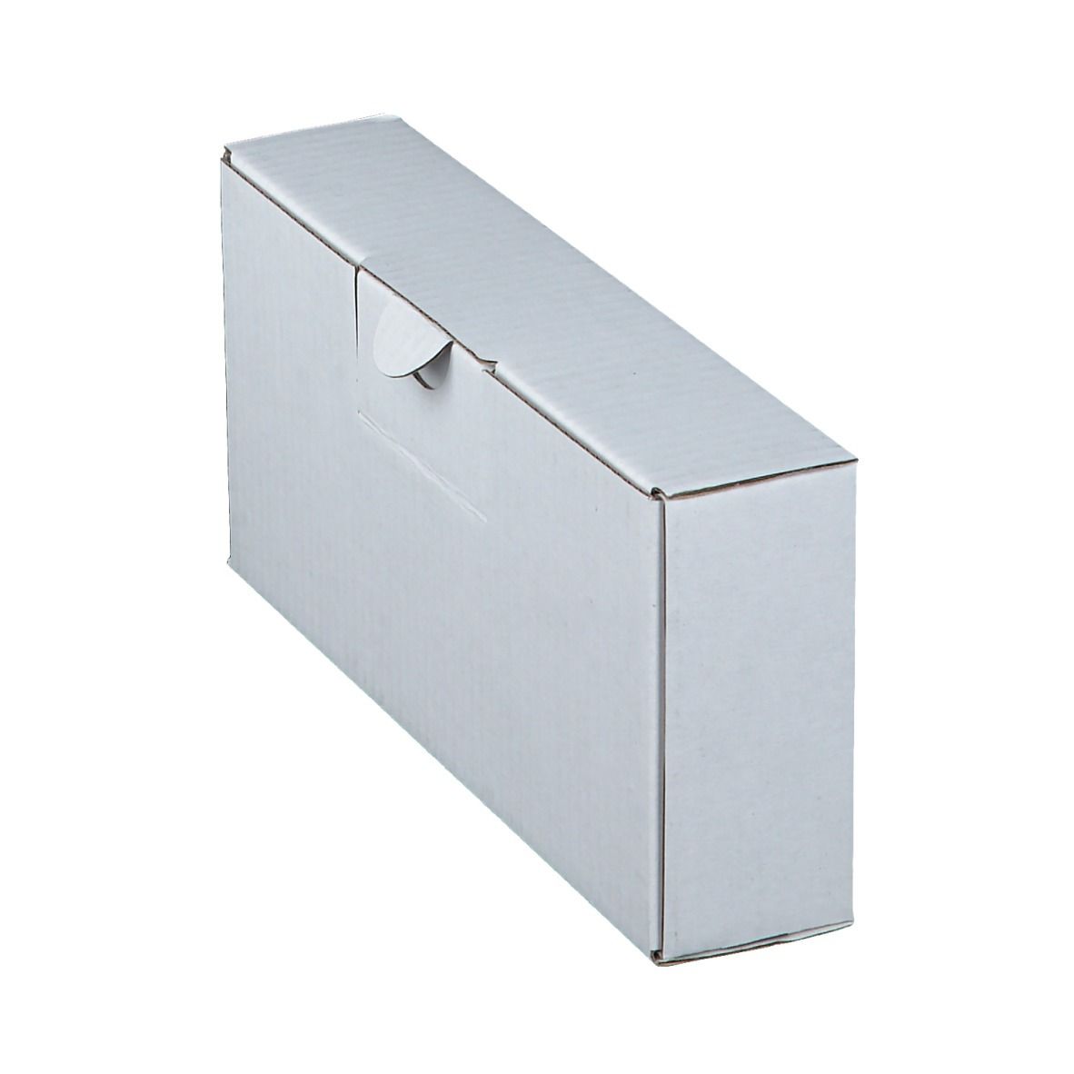 Boîte rectangulaire blanche avec rabat. Vue latérale.