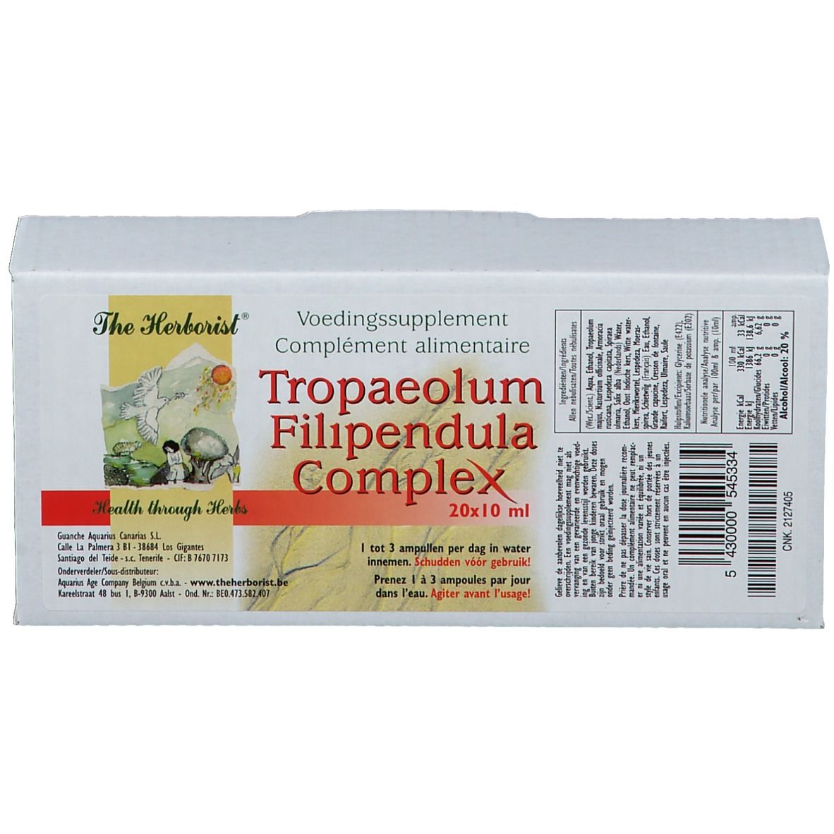 Boîte blanche avec "Tropaeolum Filipendula Complex". Contient 20 ampoules. Marque: The Herborist. Vue détaillée.