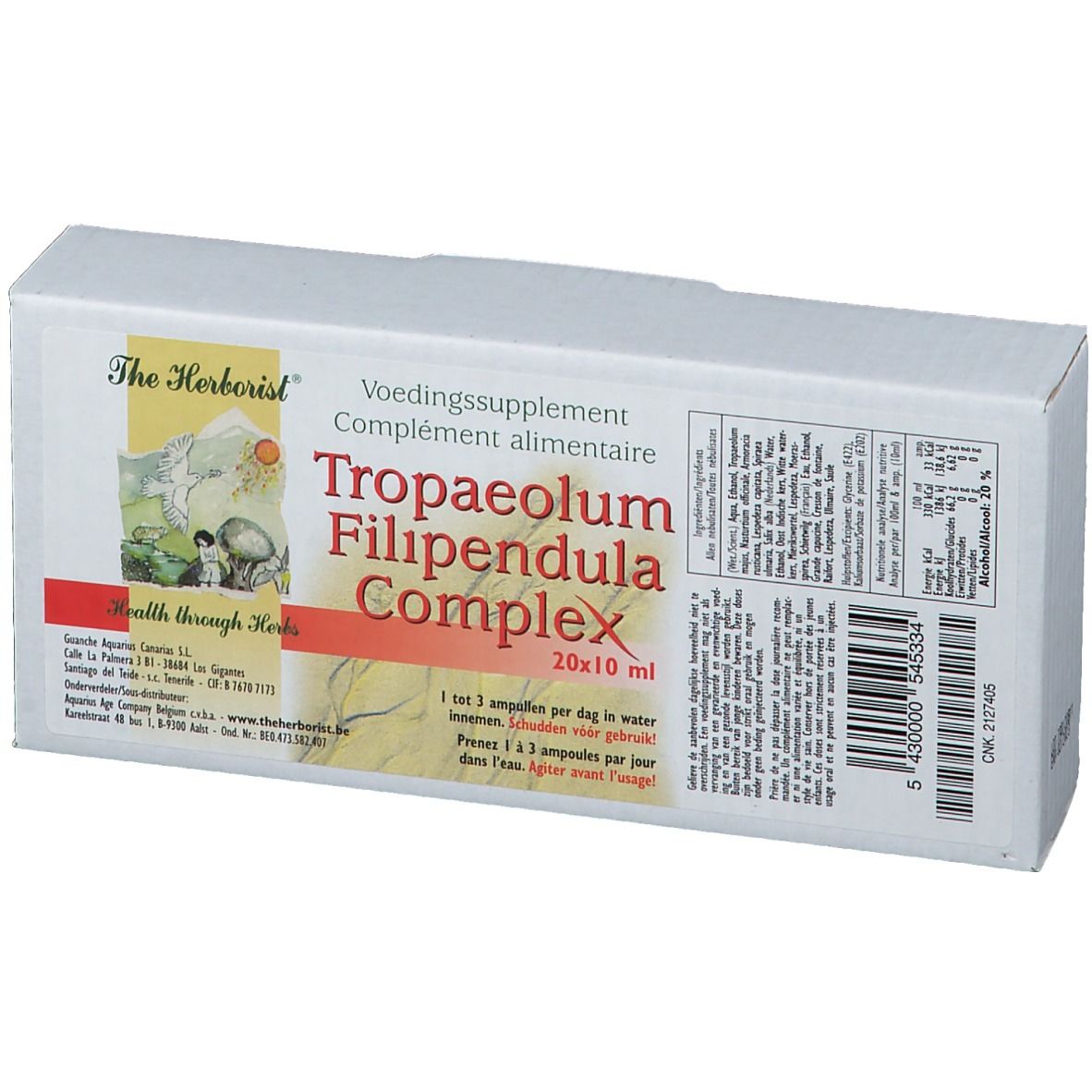 Boîte blanche avec "Tropaeolum Filipendula Complex". Contient 20 ampoules. Marque: The Herborist. Gros plan.