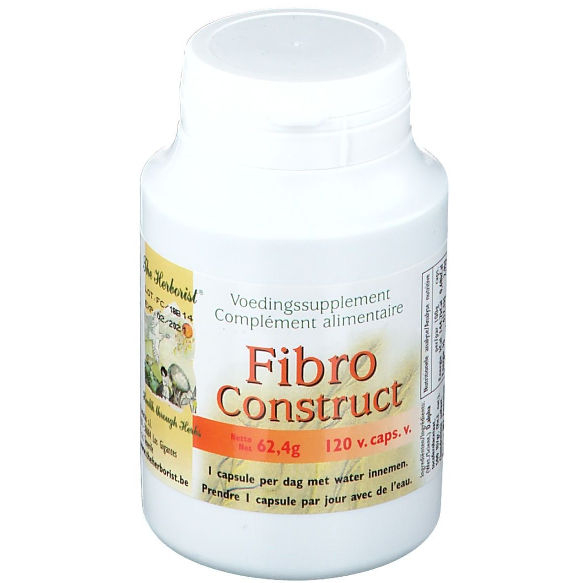 Flacon blanc avec étiquette "Fibro Construct". Contient 120 capsules. Inscription : "Voedingssupplement".